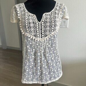 Muche et Muchette Womens Sz S/M Embroidered Sheer Top Cream Lace Coquette Boho